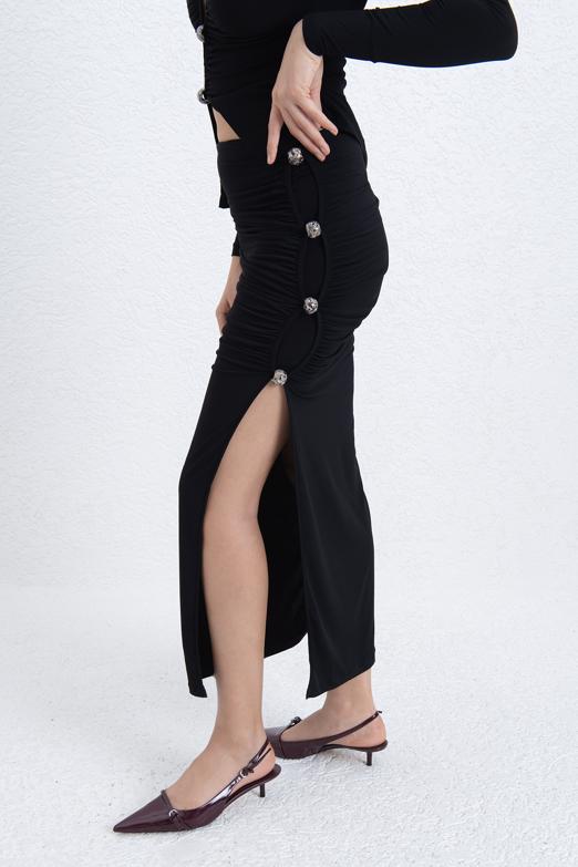 Özel Taş Aksesuarlı Midi Dar Etek